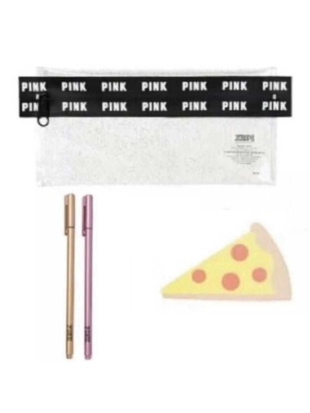 💋Victoria’s Secret Pink Jelly Glitter Pencil Case, Pens, and Pizza Sticky Notes